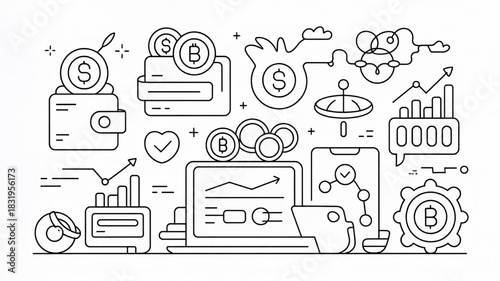 Cryptocurrency and blockchain technology line art illustration vector design for finance and investment isolated on white background