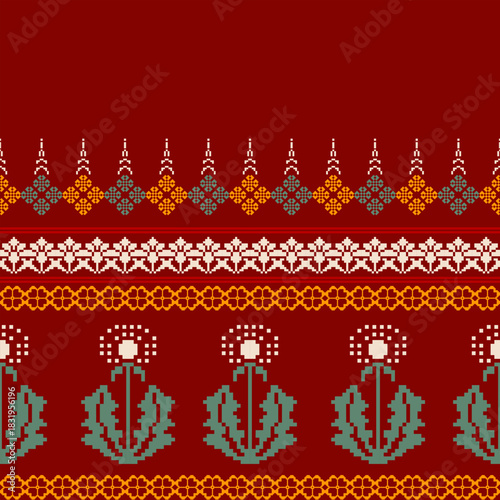 Seamless geometric pattern . pixel pattern. Design for clothing fabric textile ornamentation embroidery Hand stitched pattern . cultural stitching pixel art , Cross stitch pattern
