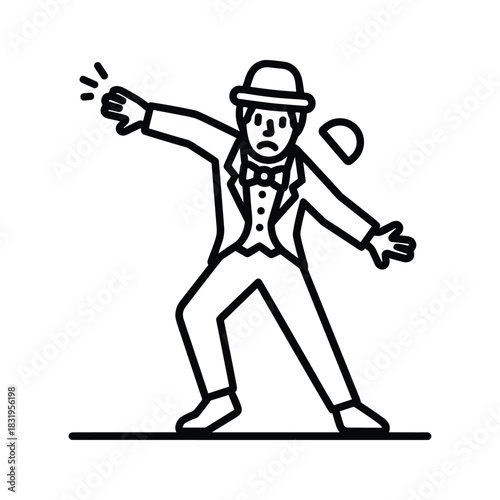 Startled man in bowler hat and suit, surprised expression, icon.