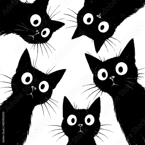 Adorable group of curious black cats with big eyes peering downward sketch engraving generative ai fictional character vector illustration. Scratch board imitation. Black and white image.