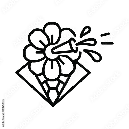 Abstract flower with watering can spout spraying water drops icon