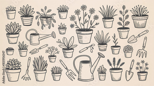 Collection of hand-drawn potted plants gardening tools and watering cans sketched vector illustration for garden design and decoration