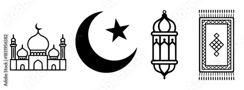 Islamic Symbols Mosque, Crescent Moon, Lantern, and Prayer Rug Icons