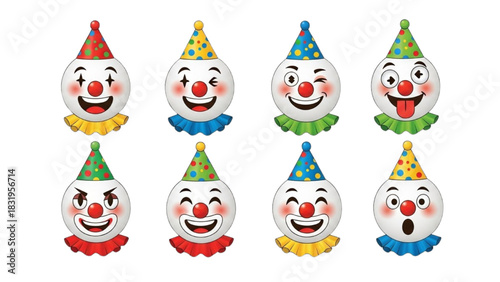 Set of cheerful clown faces with different expressions in colorful hats