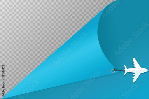 Curled blue paper corner with a small airplane, representing travel, aviation, and creative design.