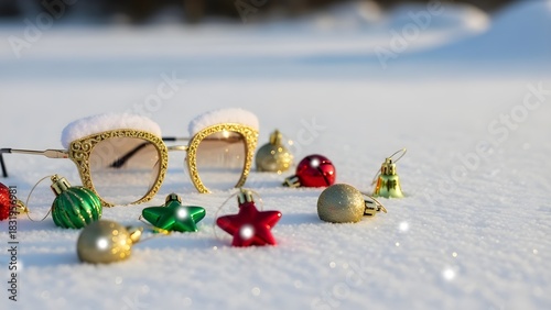 Elegant glitter sunglasses and vibrant holiday ornaments like baubles, stars, and bells resting on a pristine snowfield, crafting a cheerful and unique winter celebration scene