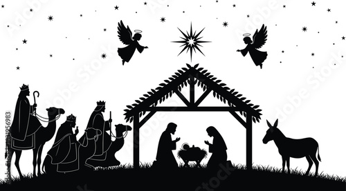 Nativity scene silhouette, Christmas manger illustration, holy family under star, wise men and angels, Bethlehem birth, religious holiday art
