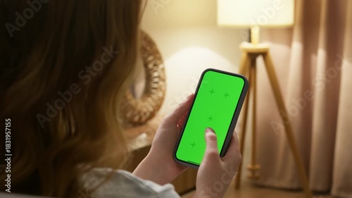Woman sit use digital tech cell phone with green screen mock up. Hand scroll phone web site, swipe like photos. Girl hold mobile closeup. Chroma key page. Cozy home background. Online app copy space.