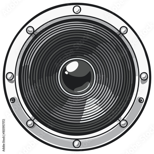 A powerful round audio woofer speaker illustration in a bold black and white graphic style