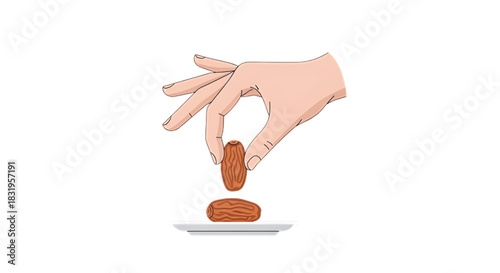 Hand carefully placing a date onto a small white plate, isolated on white background.