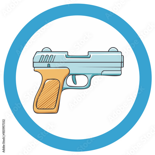 Stylized handgun pistol icon in a blue circle, a vector illustration for warning or prohibition concepts