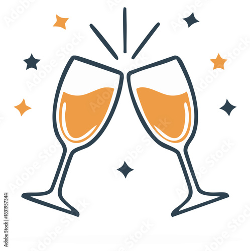 Celebratory champagne glasses clinking with stars and sparkling confetti