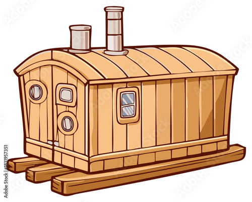Funny cartoon illustration of a mobile wooden sauna cabin on skids