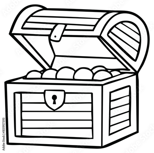 Open pirate treasure chest full of gold coins coloring book page black and white vector illustration