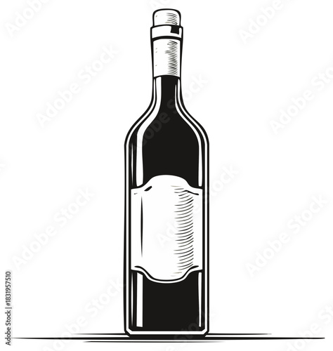 Classic wine bottle with blank label and cork stopper in a vintage illustration style