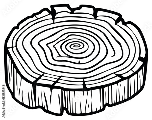 Stylized black and white line art of a tree stump cross-section with annual growth rings