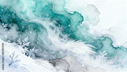 Abstract watercolor landscape with snowflakes and winter colors, concept of Christmas  