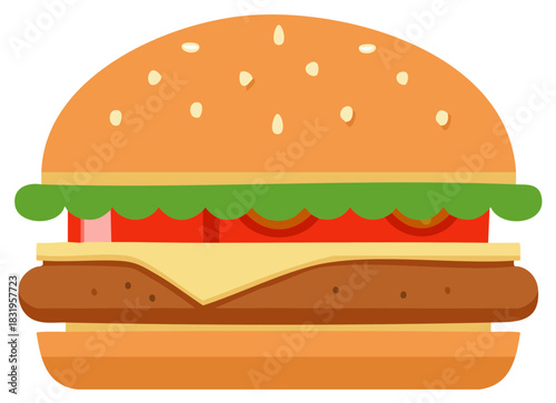 Stylized cartoon hamburger with layers of bun patty cheese tomato and lettuce