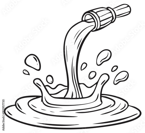 Cartoon illustration of water pouring from a nozzle creating splashes and droplets