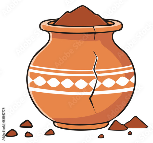 Cracked Terracotta Pot Containing Brown Powder, Illustrative Vintage Style Design