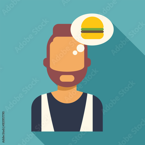 Man with beard having a thought bubble of a burger, representing hunger
