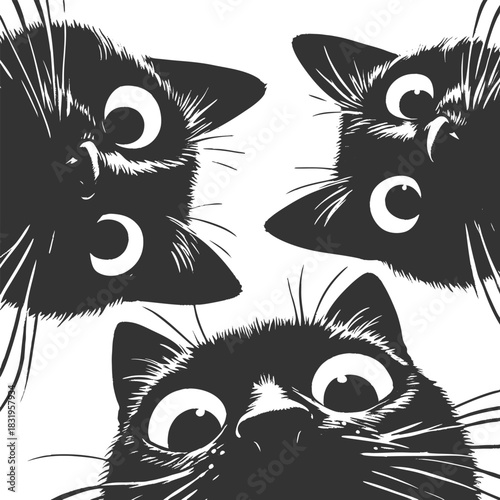 Adorable group of curious black cats with big eyes peering downward sketch engraving generative ai fictional character vector illustration. Scratch board imitation. Black and white image.