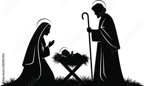 Nativity scene silhouette, holy family illustration, religious Christmas icon, baby Jesus in manger, black vector graphic, spiritual celebration art