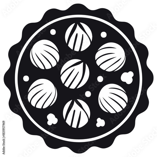 Stylized black and white pizza or pie icon top down view vector graphic