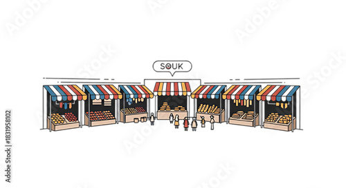 Bustling marketplace with colorful stalls offering goods, evoking a vibrant cultural shopping experience.