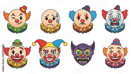 Set of Circus Clown Emoticons with Various Expressions and a Scary Monster