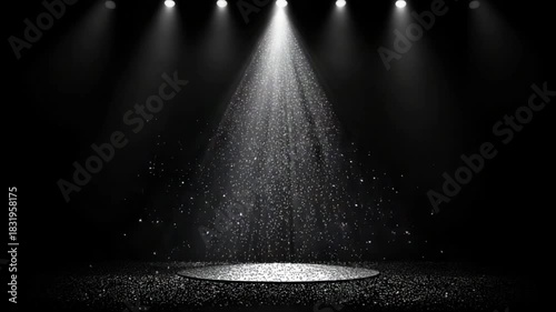 Spotlight shines on a dark stage with glittering particles.