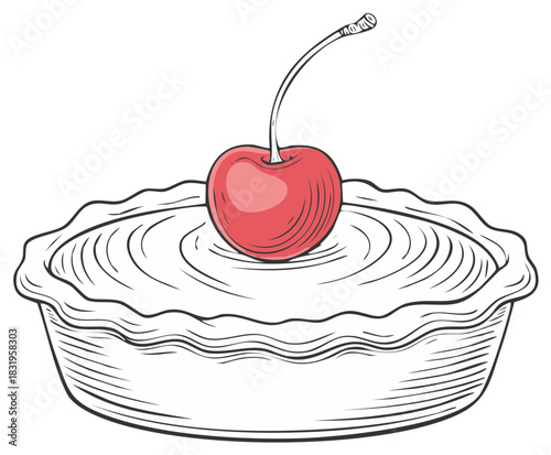 Vintage Engraved Illustration of a Classic Pie with a Red Cherry on Top