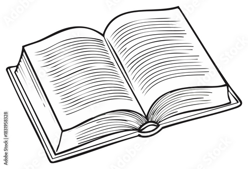Open book black and white line art illustration showing pages of text for reading and learning