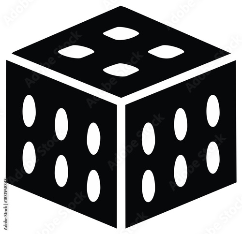 Black and white isometric cube with pips representing a dice