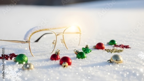 Festive holiday scene featuring vintage white-framed aviator glasses resting in the snow with colorful Christmas ornaments