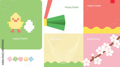 Collection of cheerful easter and spring themed illustrations with pixel art chick and blooming branches