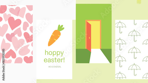 Happy easter greeting card with carrot and text next to heart pattern and open door illustration