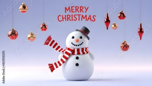Cheerful Snowman with Scarf and Festive Ornaments Wishing Merry Christmas