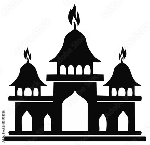 Traditional Asian temple silhouette with ornate spires and spiritual flame details architecture icon