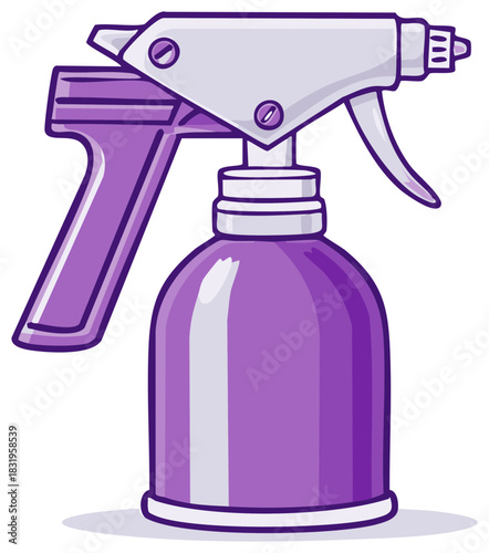 Cartoon style spray bottle with trigger and adjustable nozzle for cleaning and gardening in purple color with bold stroke