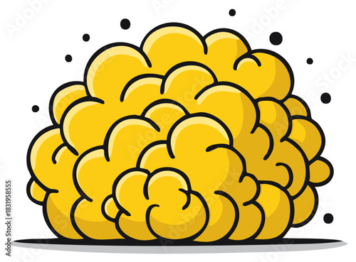 Stylized yellow brain illustration with black outline and floating dots representing thoughts or ideas