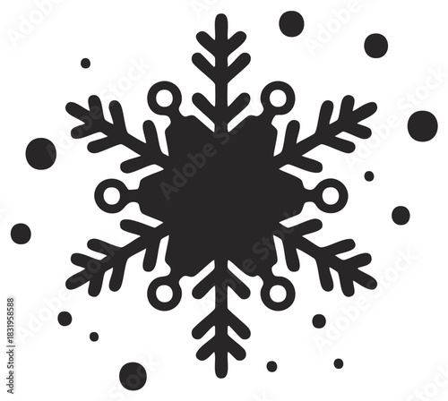 Stylized black snowflake icon with snow dots for Christmas and winter holiday decoration