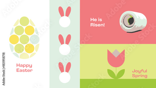Happy easter greeting card with colorful egg bunnies tulip and joyful spring message