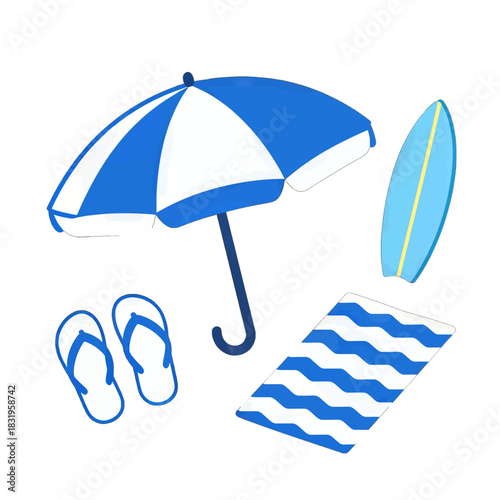 Blue and white beach essentials with surfboard and towel