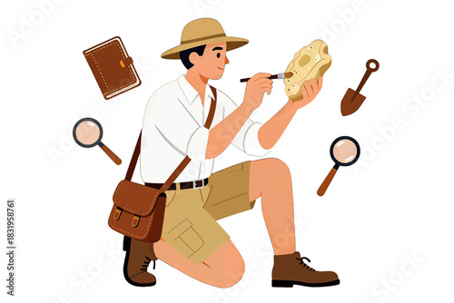 Archaeologist examining fossil with tools in a playful illustration
