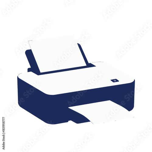 Blue and white printer with paper output tray