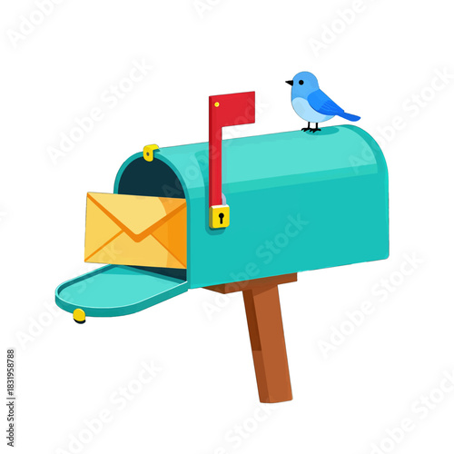 Blue bird perched on a green mailbox with an envelope inside