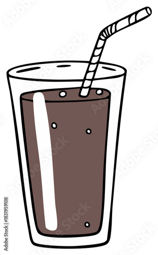 Hand drawn illustration of a tall glass filled with dark beverage and striped straw with bubbles