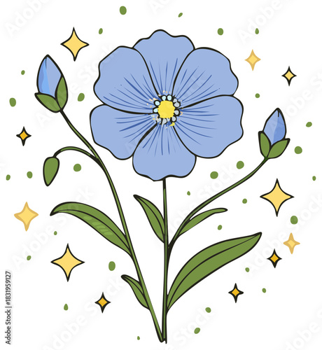 Hand drawn blue flax flower illustration with blooming petals, buds, and magical sparkles