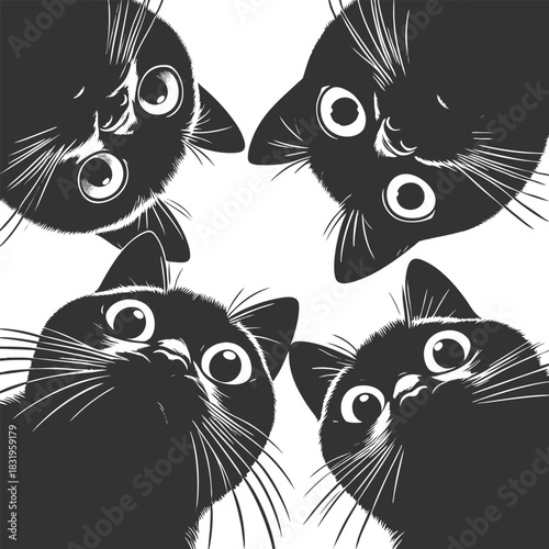 Adorable group of curious black cats with big eyes peering downward sketch engraving generative ai fictional character vector illustration. Scratch board imitation. Black and white image.